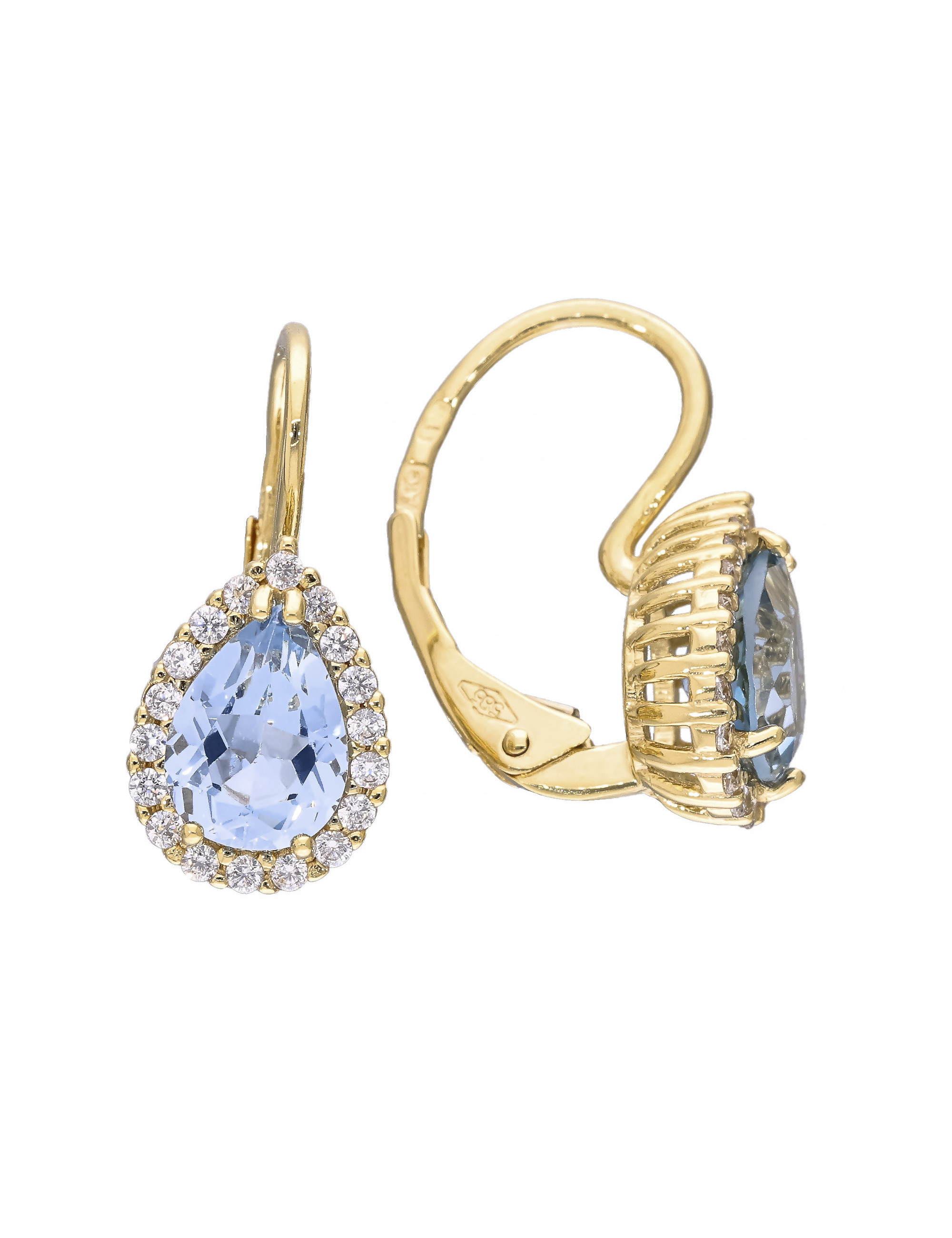 Złote kolczyki markizy z niebieską cyrkonią | JubilerDukat