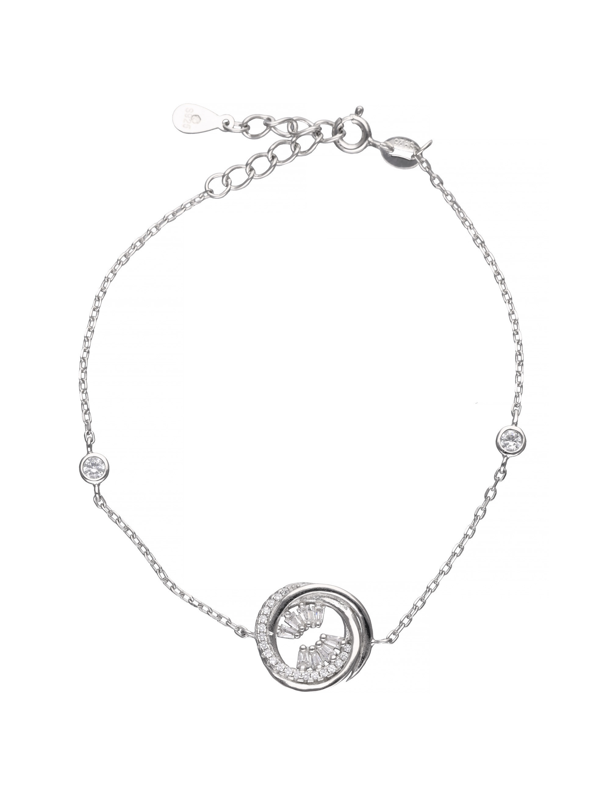 Elegancka srebrna bransoletka z cyrkoniami i okrągłym motywem. Minimalistyczny design, ponadczasowy styl.