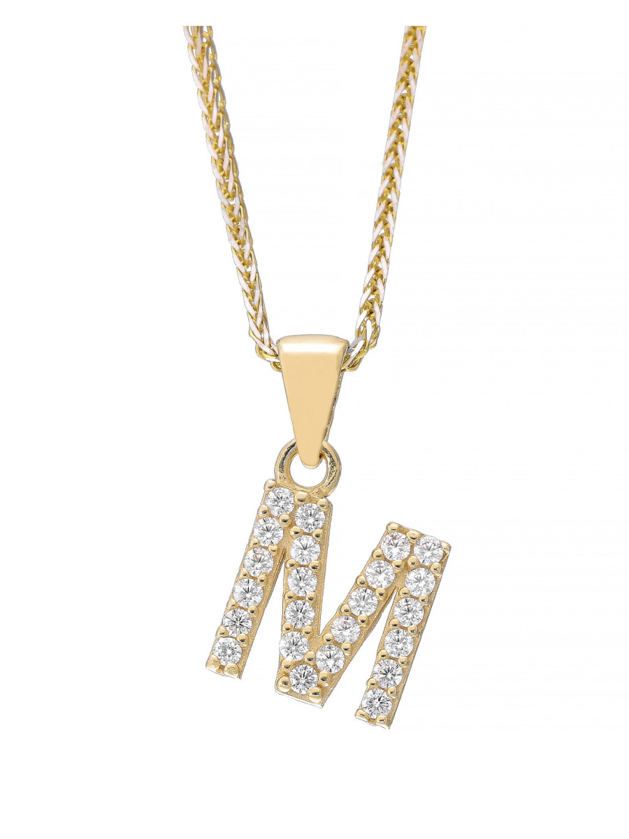 Złota zawieszka litera M z cyrkoniami – personalny akcent...