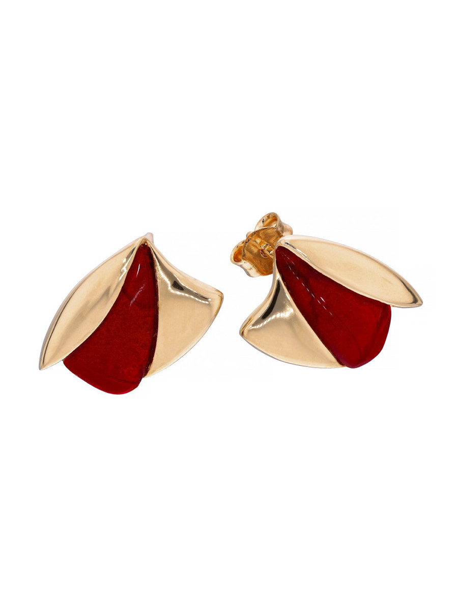 Złote kolczyki wkrętki z czerwonym akcentem – eleganckie | JubilerDukat