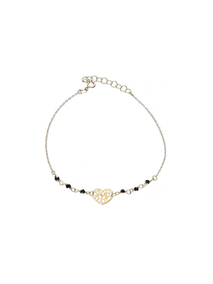 Złota bransoletka z serduszkiem i czarnymi kulkami