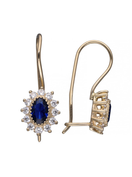 Złote kolczyki markizy z centralną niebieską cyrkonią oraz białymi mniejszymi