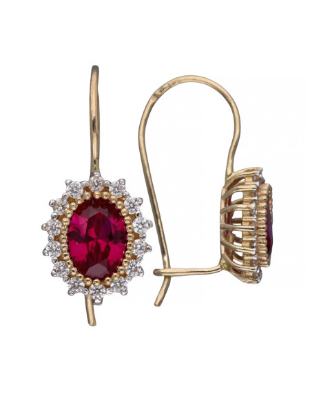 Złote kolczyki markizy z centralną czerwoną cyrkonią oraz białymi mniejszymi