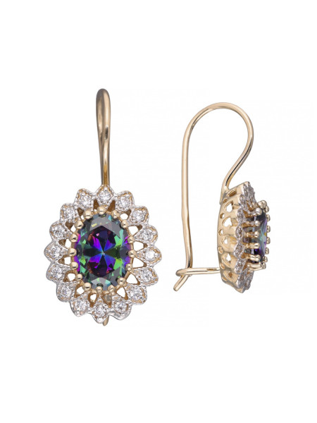 Złote kolczyki markizy z kolorową cyrkonią oraz białymi mniejszymi